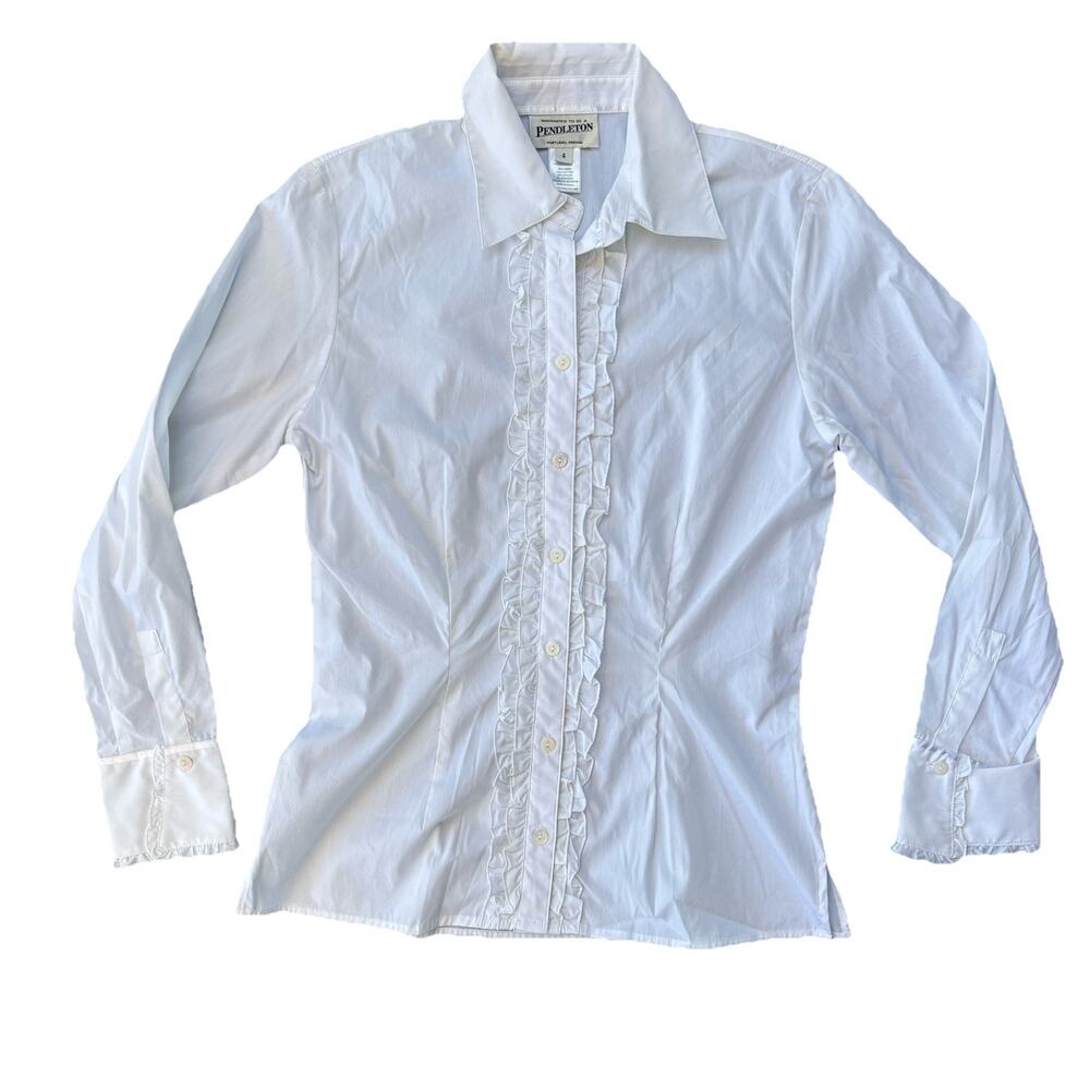 Pendleton Size 4 White VTG Ruffle Blouse Cottage Core Cotton